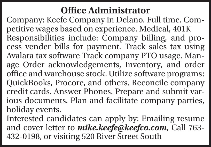 Office administrator keefe company delano mn