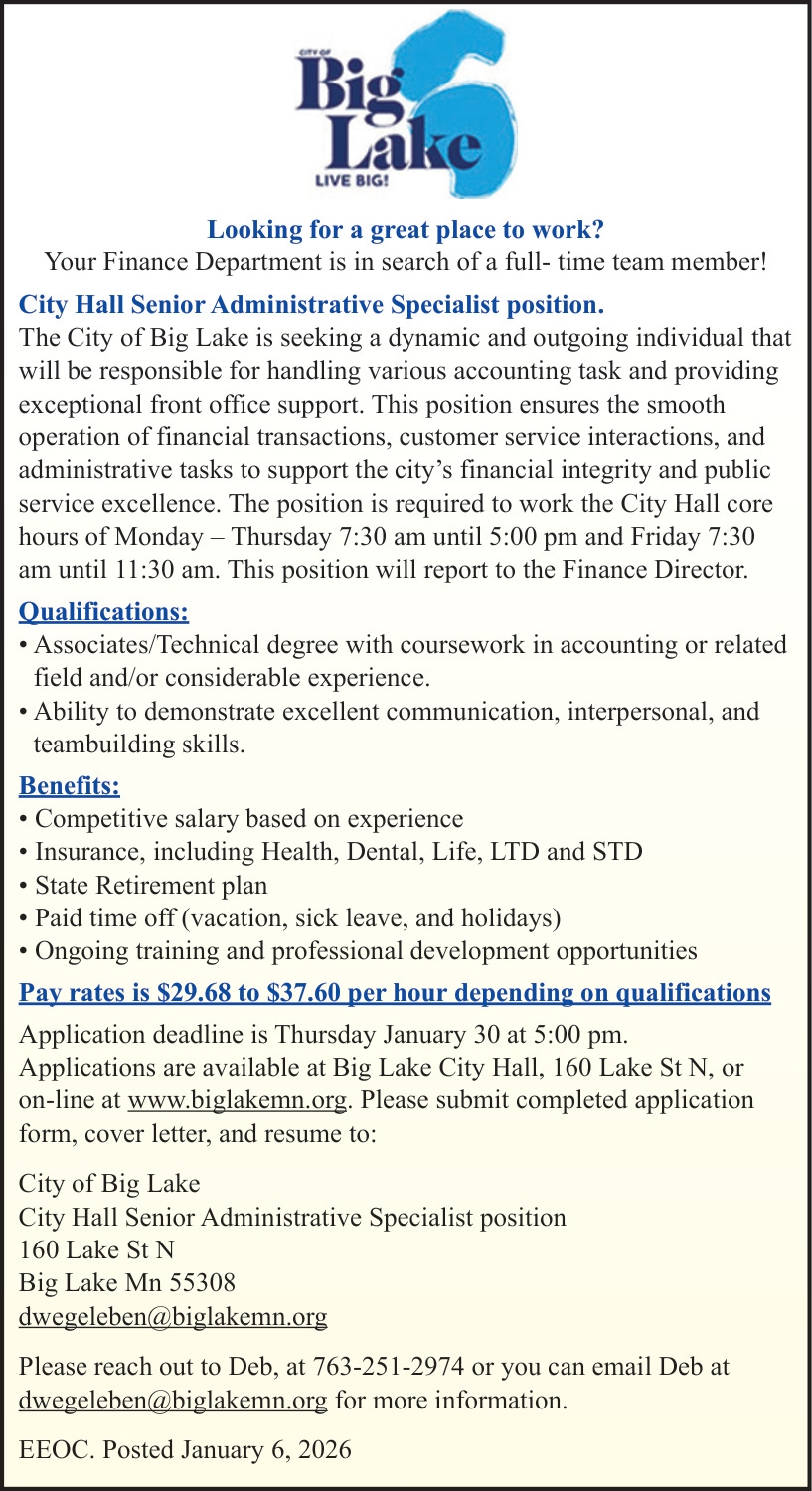 City Hall Senior Administrative Specialist, City of Big Lake, Big Lake, MN