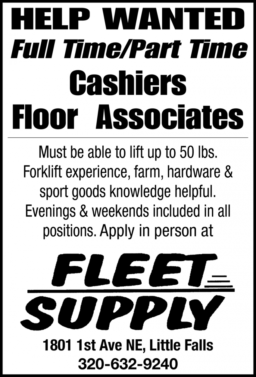 Cashiers & Floor Associates, Fleet Supply Little Falls, Little Falls, MN